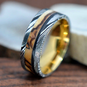 Damascus Steel and Spalted Tamarind Wood Inlay Gold Plated Titanium Ring