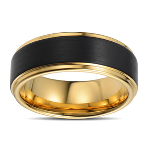 Tungsten Ring Men Wedding Band For Men Brushed Center Two Ridges Black Gold Tungsten Ring