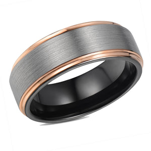 Brushed Mens Wedding Band Tungsten Ring Rose Gold Stepped Edges Wedding Ring
