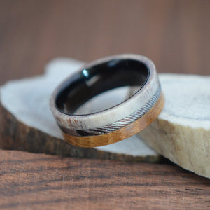 Titanium Ring Tennessee Whiskey Barrel Wood and Deer Antler with Damascus Steel inlay in between