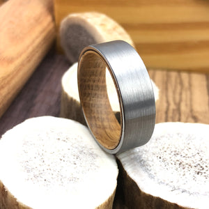 Whiskey Barrel Wood Inner Sleeve with Flat Satin Brushed Tungsten Mens Wedding Band