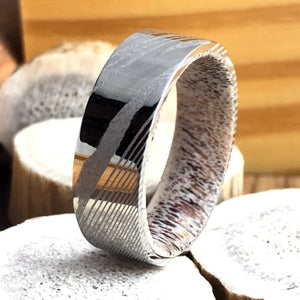 Flat 316/304 Stainless Damascus Steel Ring with Antler Sleeve