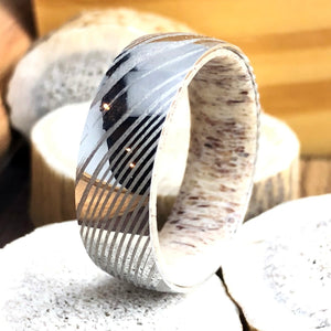 Dome 316/304 Stainless Damascus Steel Ring with Antler Sleeve