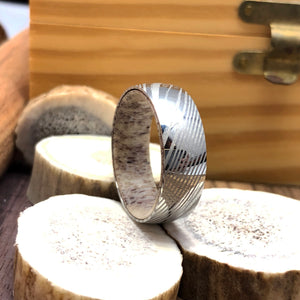 Dome 316/304 Stainless Damascus Steel Ring with Antler Sleeve