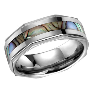 Sea Shell Inlay Mens Tungsten Wedding Band Octagon Edges Tungsten Ring For Men