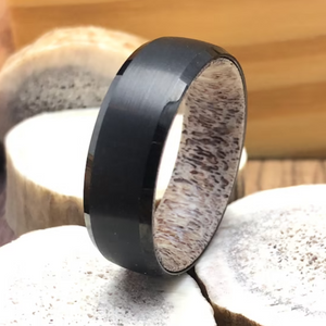 Antler Tungsten Ring Men Wedding Band, Brushed Black Tungsten Ring, Mens Rings, Antler Sleeve Tungsten Ring, Brushed Tungsten Ring