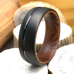 Black Wedding Band, Wood Tungsten Wedding Band, Wooden Ring, Sandblasted Tungsten Ring, Wooden Sleeve Ring Tungsten Ring, Wedding Bands