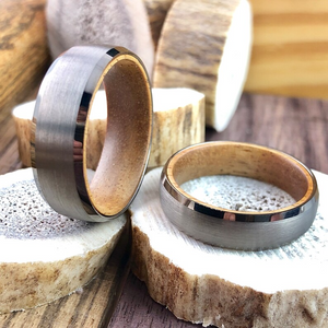 Mens Wedding Band With Inner Wood Sleeve, Koa Wood Brushed Tungsten Ring Polished Beveled Edges, Wood Ring for Men, Promise Ring Anniversary
