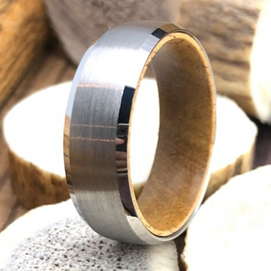 Mens Wedding Band With Inner Wood Sleeve, Koa Wood Brushed Tungsten Ring Polished Beveled Edges, Wood Ring for Men, Promise Ring Anniversary