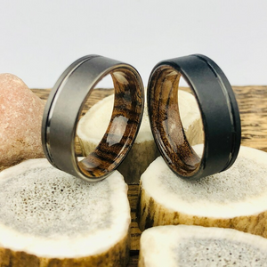 Black Tungsten Wood Ring, Sandblasted Ring, Mens Wedding Band, Gunmetal Tungsten Wedding Band, Bocote Wood Sleeve Ring, Anniversary Gift Men