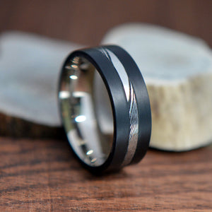Titanium Ring with Damascus Steel Inlaid between Black Sandblasted Titanium Strips