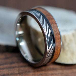 Damascus Steel and Tennessee Whiskey Barrel Wood Inlay Titanium Ring
