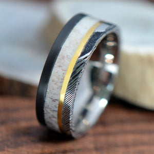 Damascus Steel and Deer Antler Inlay Titanium Ring, 8mm Men's Wedding Band