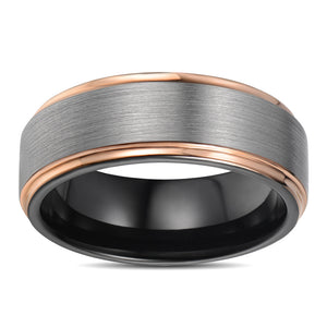 Brushed Mens Wedding Band Tungsten Ring Rose Gold Stepped Edges Wedding Ring