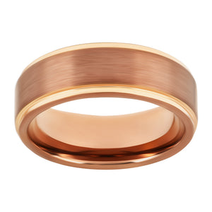 Mens Tungsten Wedding Band Brushed Brown Band with Rose Gold Stepped Edges Ring for Men