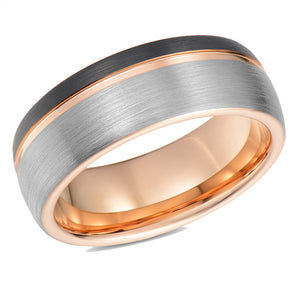 Tungsten Wedding Band Men Anniversary Promise Ring Black and Rose Gold Brushed Domed Band