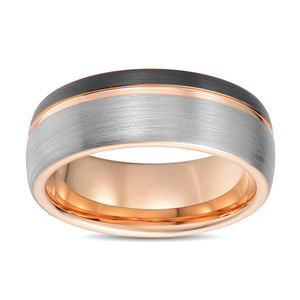 Tungsten Wedding Band Men Anniversary Promise Ring Black and Rose Gold Brushed Domed Band