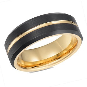 Gold Mens Wedding Band Tungsten Ring Black Wedding Ring Gold Centered Ridge