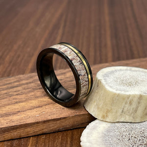 Titanium Wedding Band with Deer Antler and Gold ion Plated Titanium Inlay