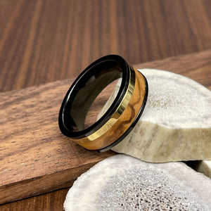 Titanium Wedding Band with Olive Wood and Gold ion Plated Titanium Inlay