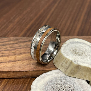 Titanium Ring with Deer Antler and Tennessee Whiskey Barrel Wood Inlaid