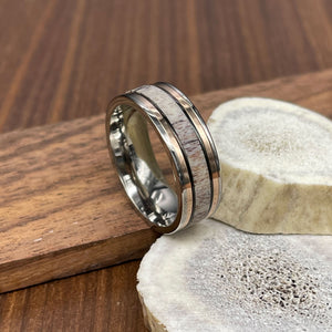 Mens Wedding Band with Deer Antler Inlaid and black, rose gold ion plated strips