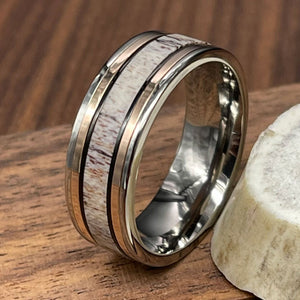 Mens Wedding Band with Deer Antler Inlaid and black, rose gold ion plated strips