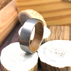 Whiskey Barrel Wood Inner Sleeve with Domed Satin Brushed Tungsten Mens Wedding Band