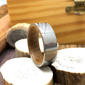 Flat 316/304 Stainless Damascus Steel Ring with Tennessee Whiskey Barrel Sleeve