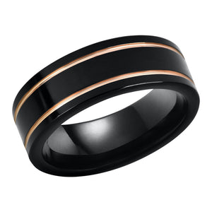 Black Tungsten Ring Flat Wedding Band for Men 2 Rose Gold Ridges Comfort Fit
