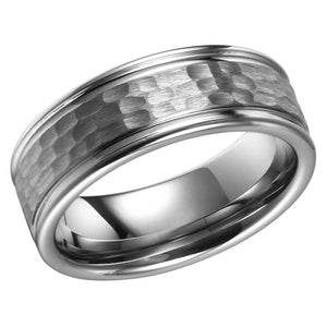 Hammered Tungsten Ring Mens Wedding Band Stepped Edges Polished and Hammered Style