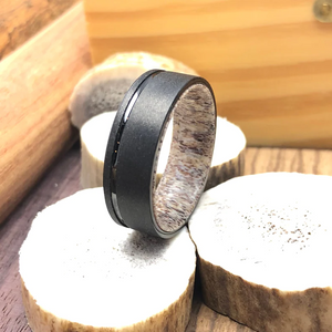 Black Sandblasted Tungsten Antler Wedding Ring, Hunters Wedding Band, Tungsten Ring Men Wedding Band Anniversary Ring Men