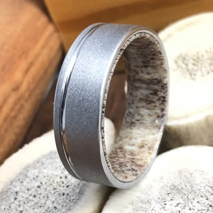 Mens Wedding Band, Sandblasted Tungsten Ring with Deer Antler Sleeve, Hunters Wedding Band, Tungsten Ring Men Wedding Band Anniversary Ring