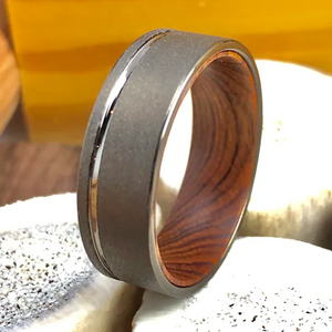 Iron Wood Mens Wedding Band Tungsten Wedding Ring Ironwood Lining, Wood Sleeve Sandlbasted Tungsten Ring