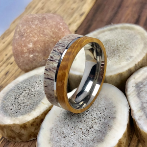 Whiskey Barrel Wood and Antler Titanium Ring, Mens Wedding Band, Tennessee Bourbon Ring, Anniversary Engagement Ring