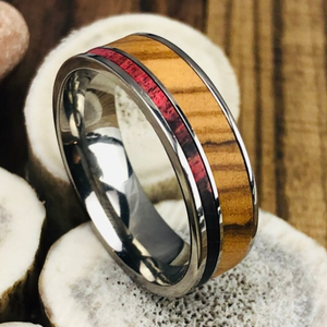 Olive Wood Wedding Band, Olive Wood Ring, Brown Red Black Box Elder Wood, Mens Wedding Band, Titanium Ring, Anniversary Engagement Ring.