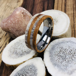 Whisky Barrel Mens Wedding Band Tennessee Ring Whiskey Barrel Wood and Deer Antler Ring with Titanium Inner Sleeve Hunter Wedding Band