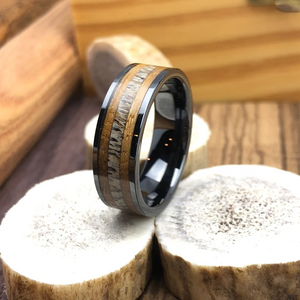 Whiskey Barrel Ring, Whisky Wood Antler Black Ceramic Wedding Band, Whiskey Ring Men, Deer Antler Wood Ring, Wedding Ring Men
