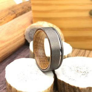 Whiskey Barrel Wood Tungsten Sandblasted Gun Metal Grey Wood Ring Lined with Whisky Barrel White Oak Mens Wedding Band