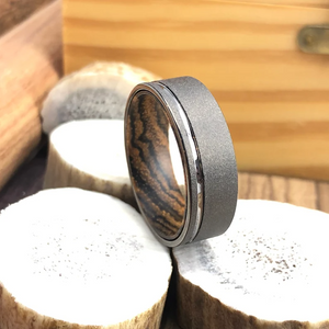 Sandblasted Ring Wood Sleeve Tungsten Ring Men Wedding Band, Bocote Wood Sleeve Ring, Sandblasted Tungsten Ring For Men