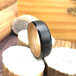 Whisky Barrel Mens Wood Wedding Band Black Tungsten Wood Ring Lined with Whisky Barrel White Oak Mens Wedding Band