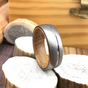 Whiskey Barrel Wood Tungsten Sandblasted Gun Metal Grey Wood Ring Lined with Whisky Barrel White Oak Mens Wedding Band