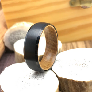 Whisky Barrel Mens Wood Wedding Band Black Tungsten Wood Ring Lined with Whisky Barrel White Oak Mens Wedding Band