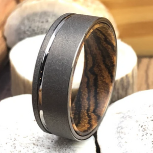 Sandblasted Ring Wood Sleeve Tungsten Ring Men Wedding Band, Bocote Wood Sleeve Ring, Sandblasted Tungsten Ring For Men